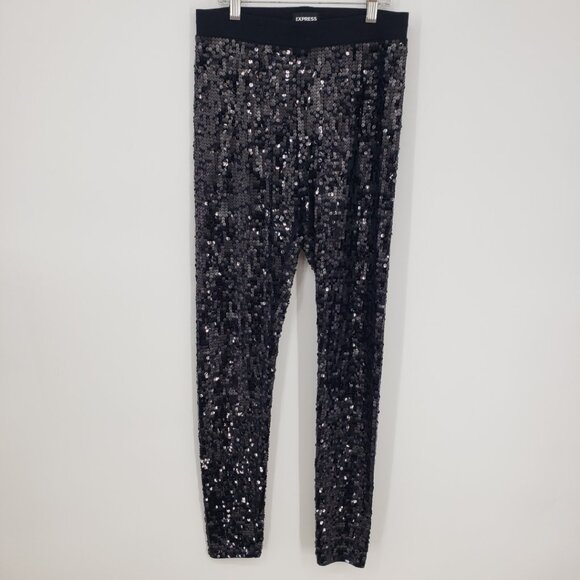 3/$25 Express Sequin Leggings Pants XS High Rise Waist Pull On Ankle Black - Picture 1 of 9